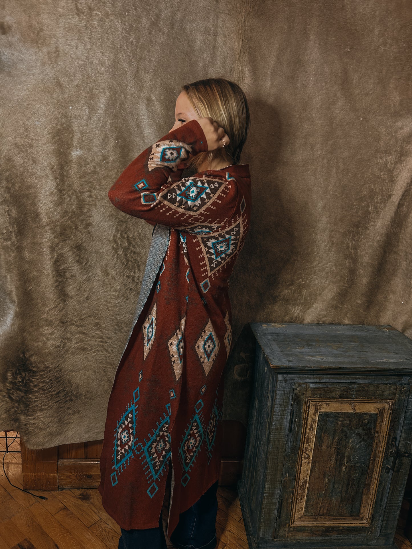 Long Aztec Wine Cardigan