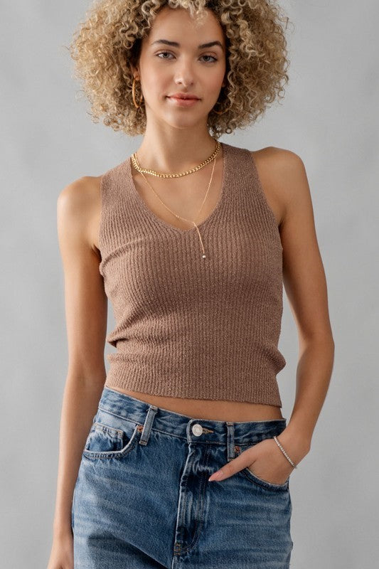 V NECK RACERBACK RIB TANK TOP