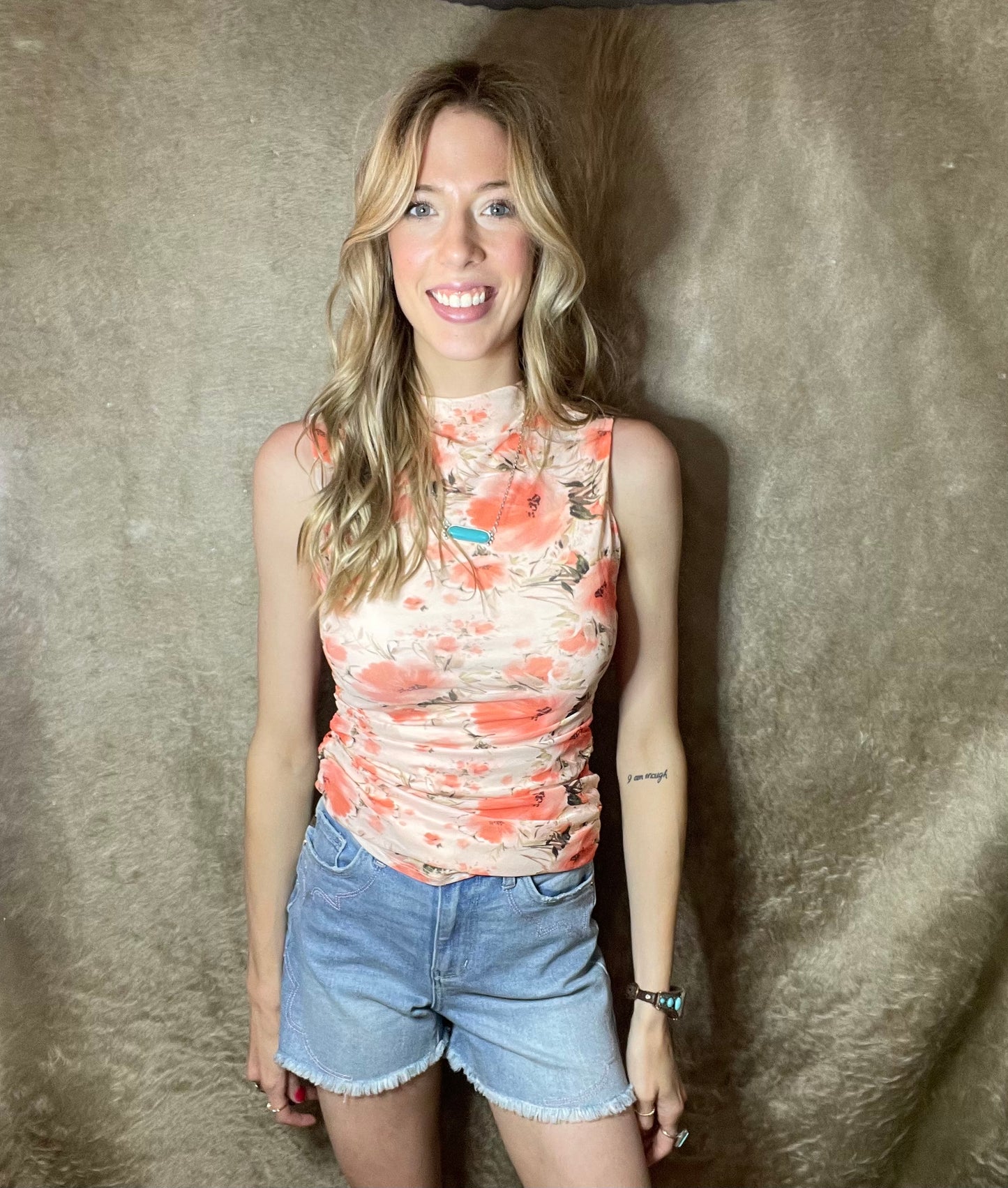 Mesh Floral Printed Slim Fit Tank Top