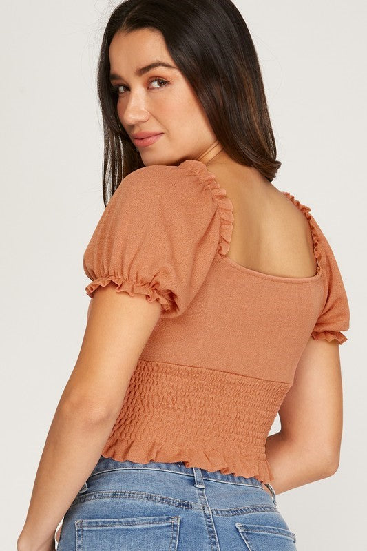 Short Puff Sleeve Knit Smocked Top