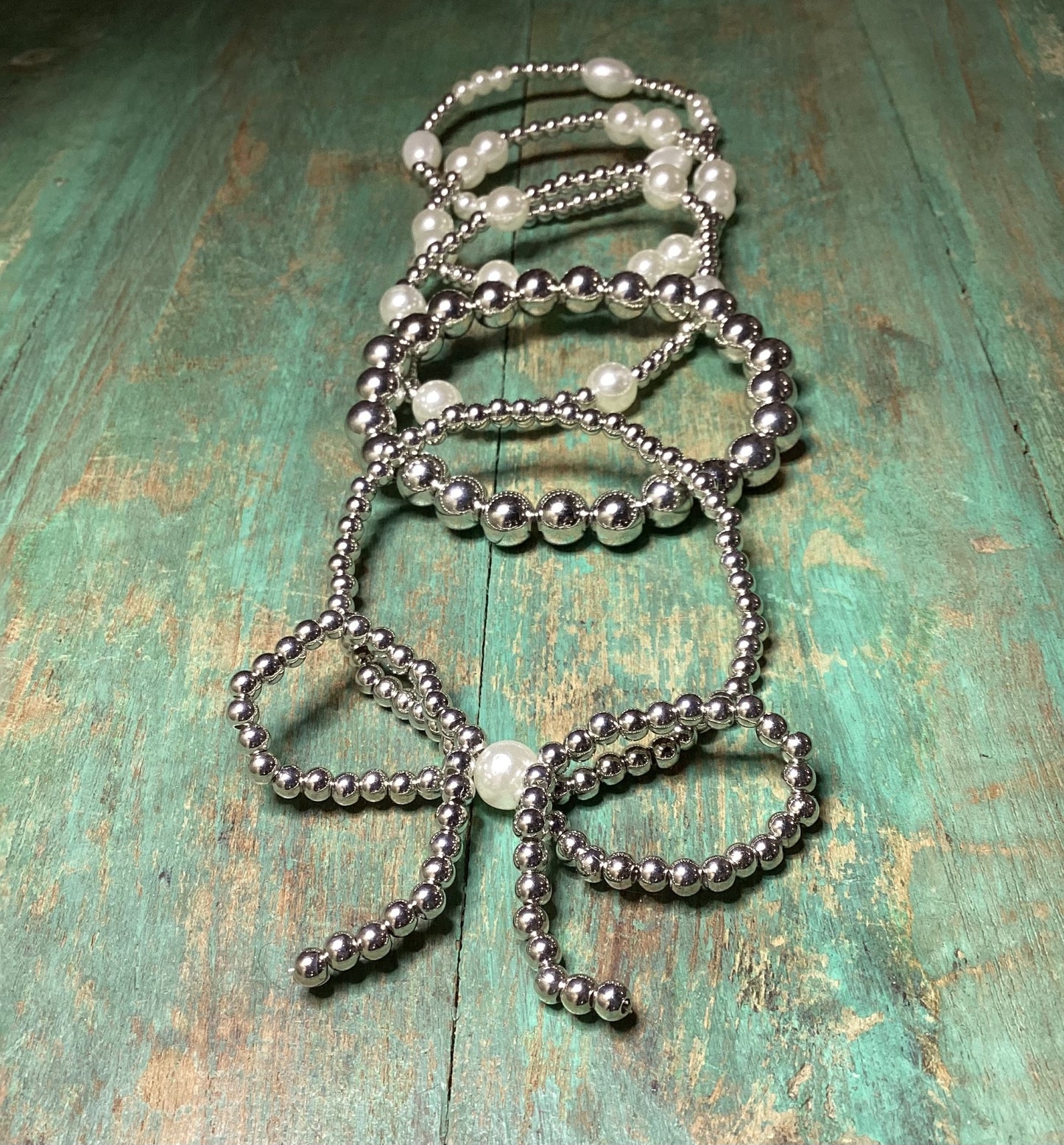 Silver Bow Knot Pearl Beaded Bracelet Set