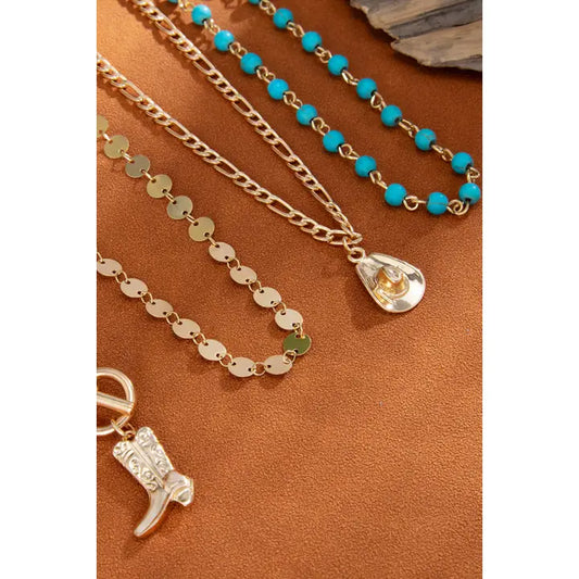 Western Cowgirl Boots Turquoise Beading Necklace Set