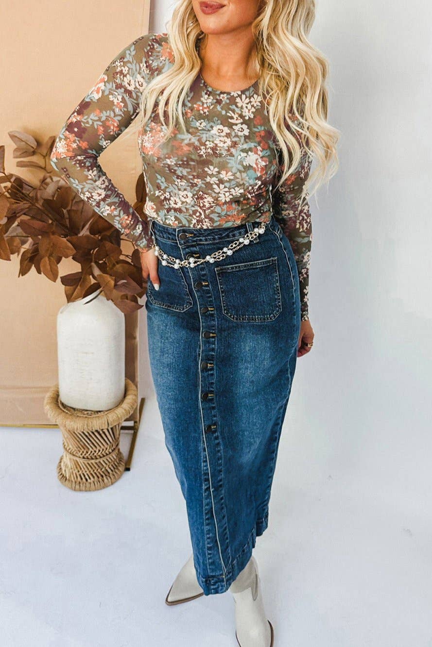 Floral Mesh Long Sleeve Top: Green