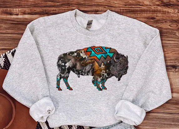 Gray Aztec buffalo sweatshirt featuring a colorful buffalo design with tribal patterns