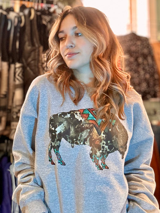Stylish Aztec buffalo sweatshirt with vibrant graphics on a gray base, perfect for casual wear