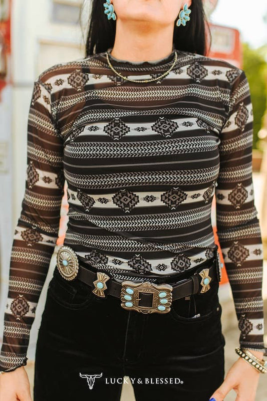 Black Ivory Aztec Printed Long Sleeve Mesh Top