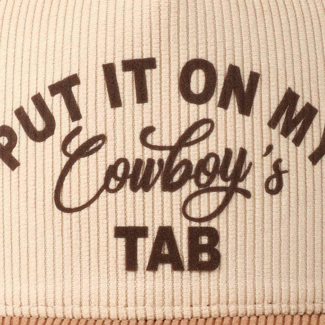 Put It On My Cowboy's Tab Two-Tone Corduroy Cap: Black/ Beige ONE SIZE