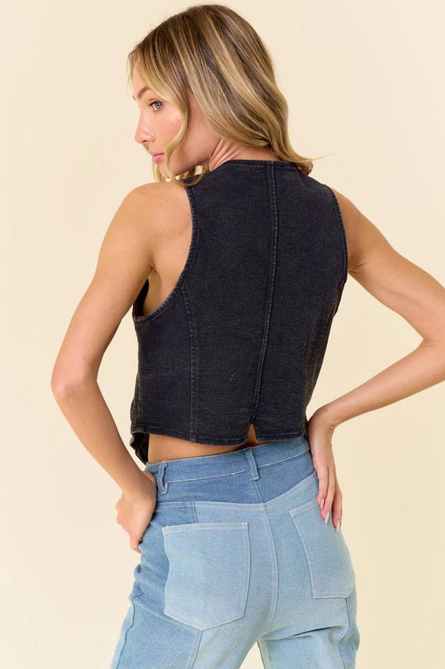 Stylish black denim vest women with a cropped design for a trendy look