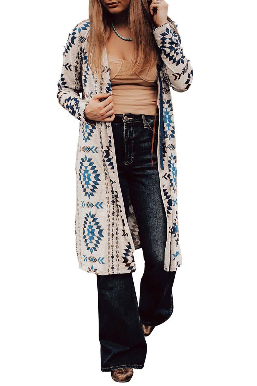 Blue Aztec cardigan women with a stylish print, perfect for layering in autumn fashion