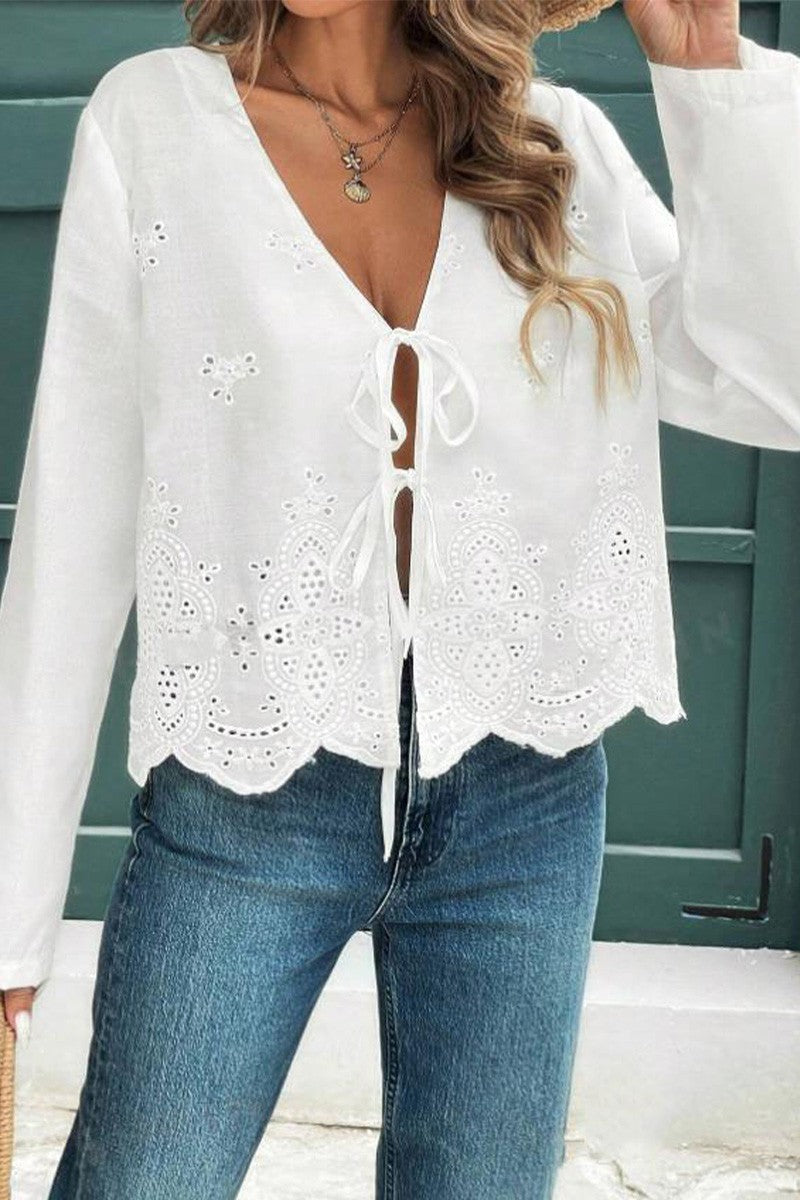 Boho embroidered tie front shirt in white with intricate lace details and bell sleeves