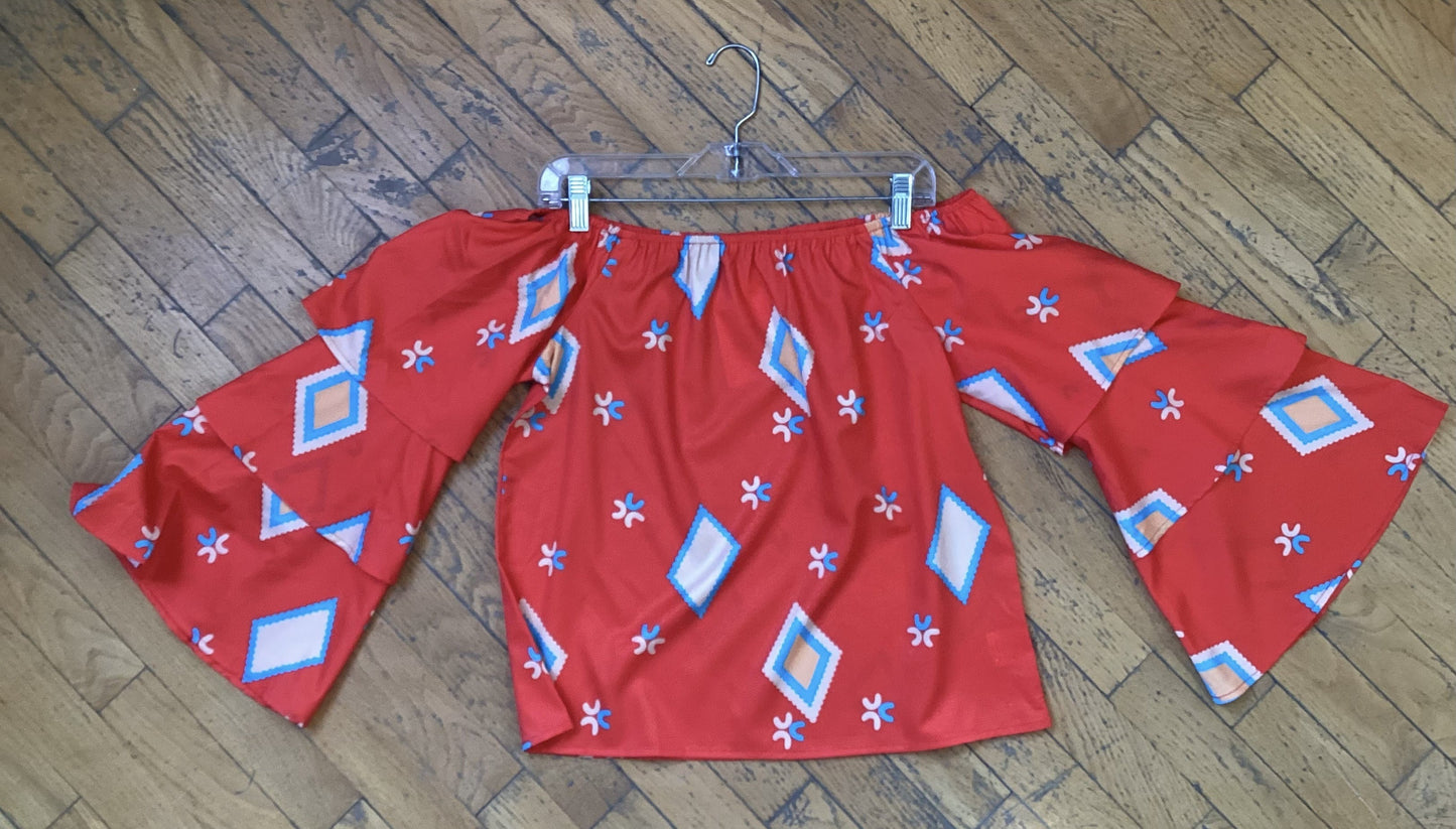 Lily Clothing Boho Western Blouse in Red with Decorative Patterns and Flared Sleeves