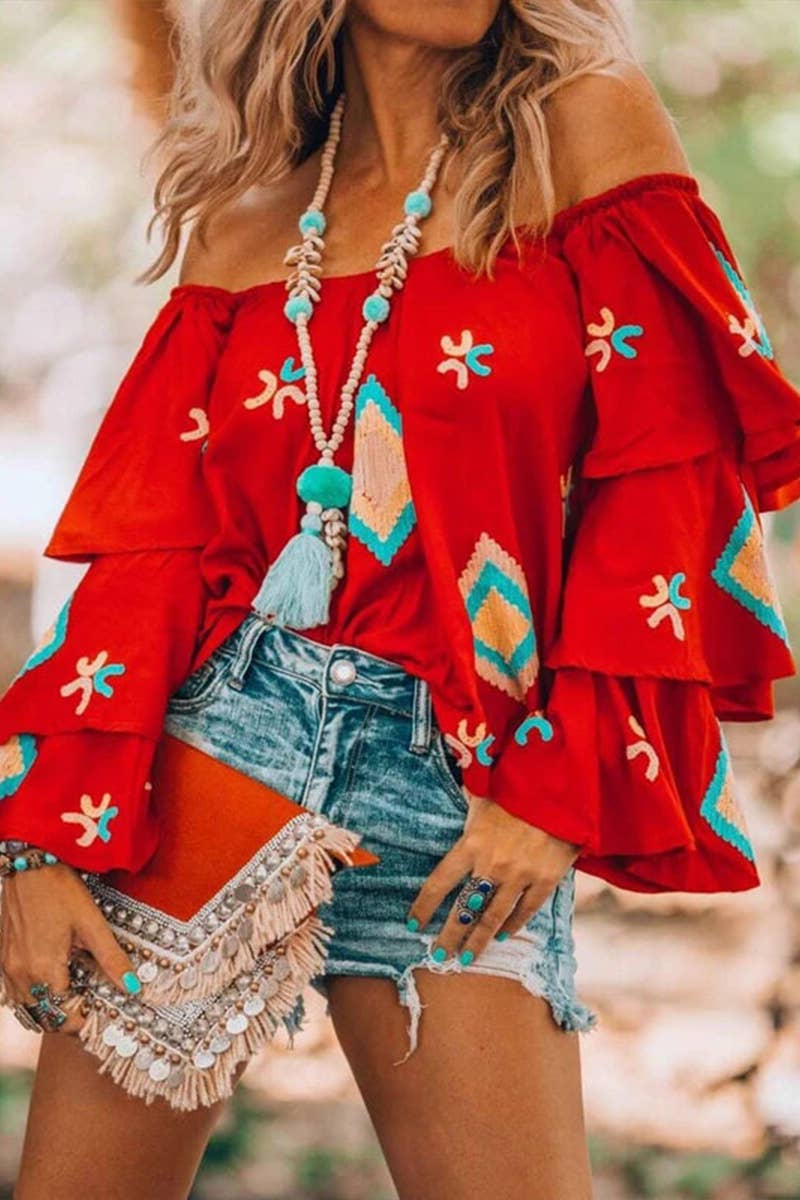 Lily Clothing Boho Western Blouse in Red with Flared Sleeves and Colorful Embroidered Details