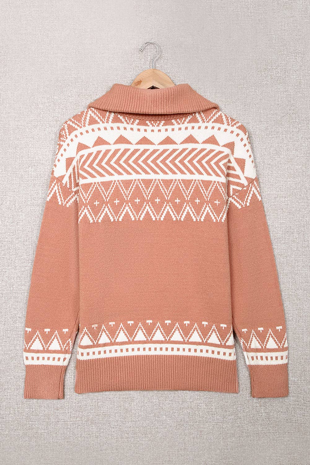 Boho western quarter zip sweater in rust color with tribal pattern and cozy fit