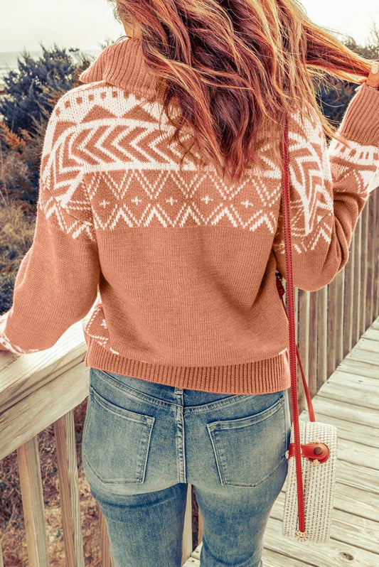 PRETTY BASH Boho Western Quarter Zip Sweater in Tan with Geometric Pattern for Trendy Layering