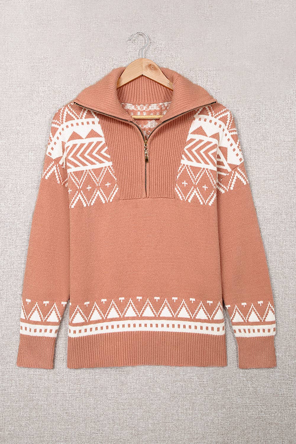 PRETTY BASH Boho Western Quarter Zip Sweater in Dusty Pink with Geometric Patterns