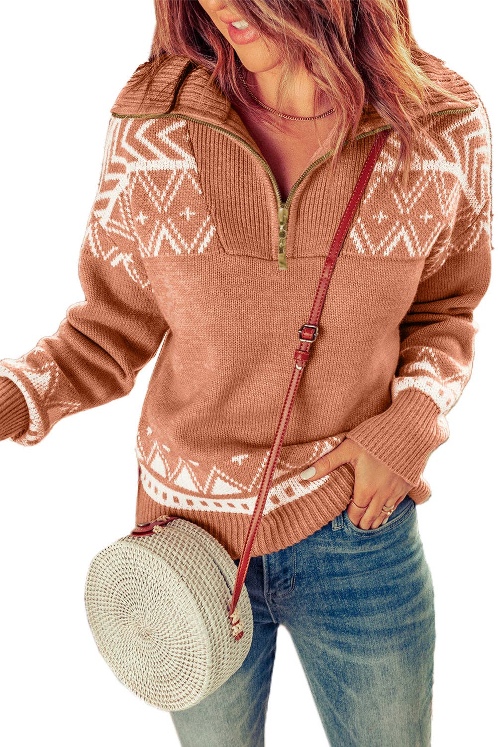 PRETTY BASH Boho Western Quarter Zip Sweater with Cozy Knit and Geometric Patterns