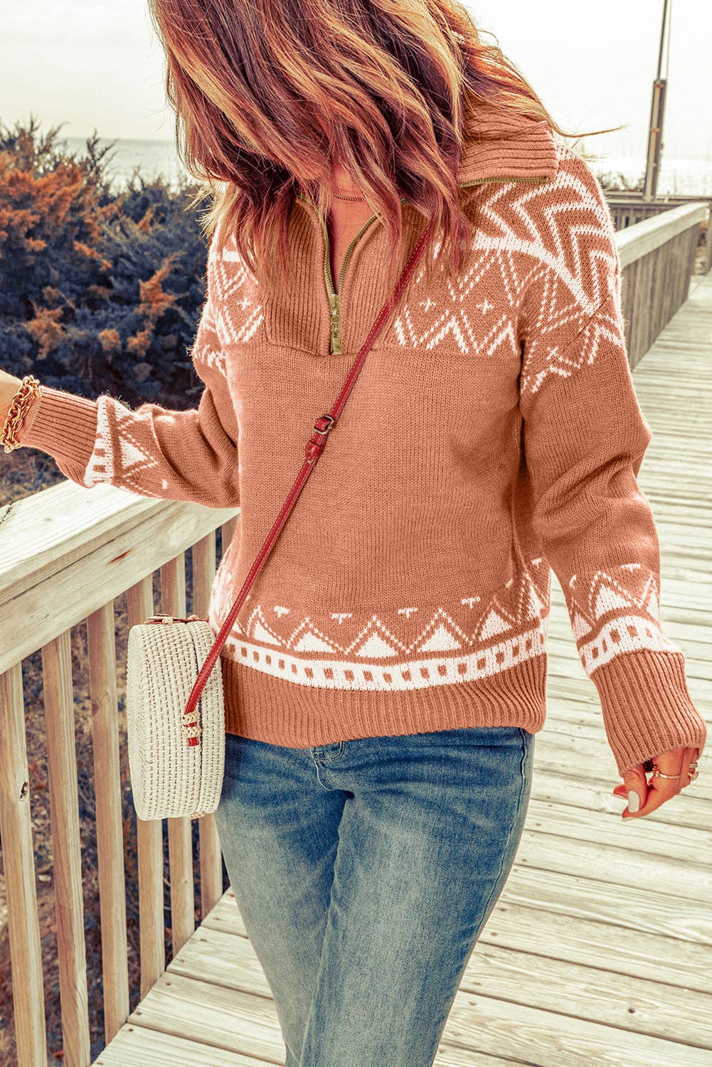 Women's PRETTY BASH boho western quarter zip sweater with geometric pattern and soft fabric