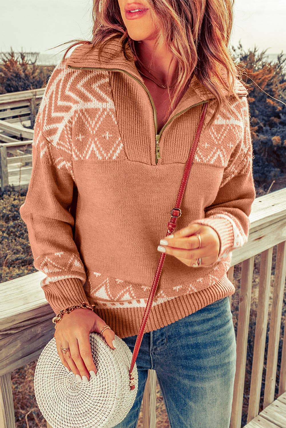 Women’s PRETTY BASH boho western quarter zip sweater with tribal pattern and relaxed fit