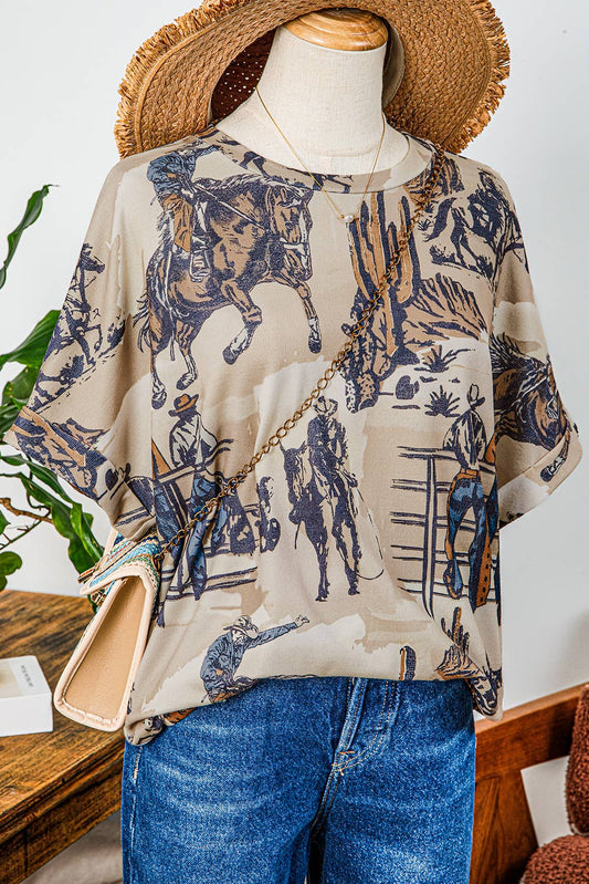 Western Cowboy Print Cuffed Sleeve T Shirt