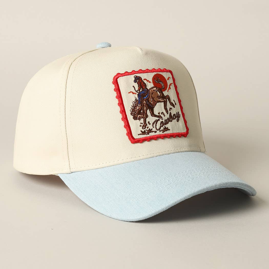 Detailed Cowboy Horse Embroidery Patch Denim Cap: LIGHT DENIM / ONE SIZE