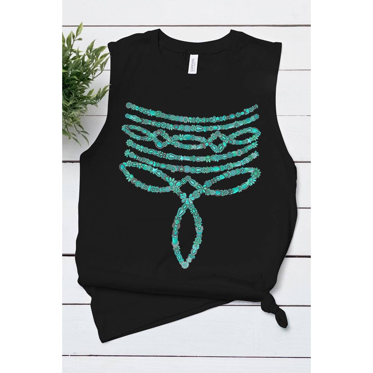 Turquoise Stone Stitch Graphic Muscle Tank Top