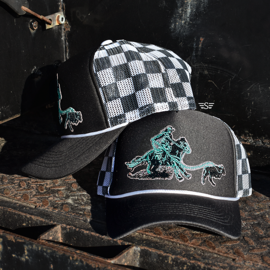 Breakaway Roper Printed Mesh Trucker Cap: Black Turquoise Check
