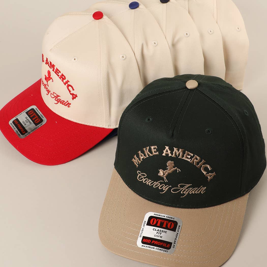 MAKE AMERICA COWBOY AGAIN Embroidered Trucker Hat: KHA/DKGRN / One Size