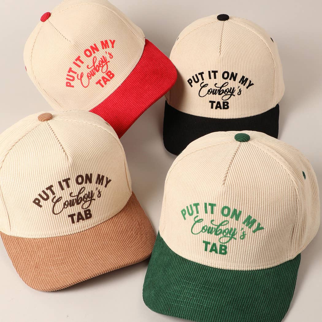Put It On My Cowboy's Tab Two-Tone Corduroy Cap: Black/ Beige ONE SIZE