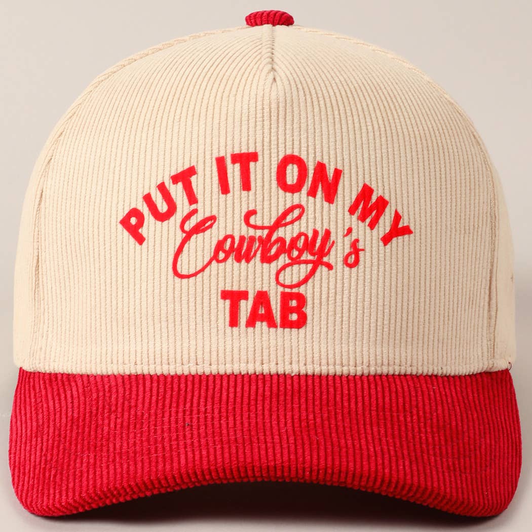 Put It On My Cowboy's Tab Two-Tone Corduroy Cap: Black/ Beige ONE SIZE
