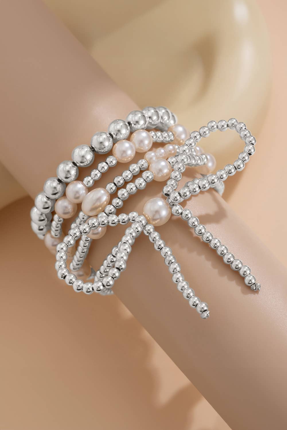 Silver Bow Knot Pearl Beaded Bracelet Set