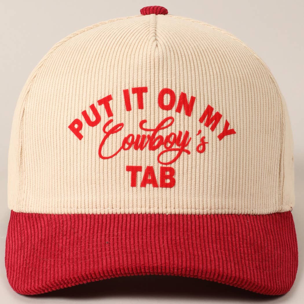 Put It On My Cowboy's Tab Two-Tone Corduroy Cap: Black/ Beige ONE SIZE