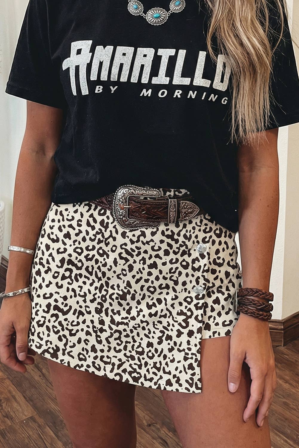 Leopard Print Button Overlap Denim Shorts