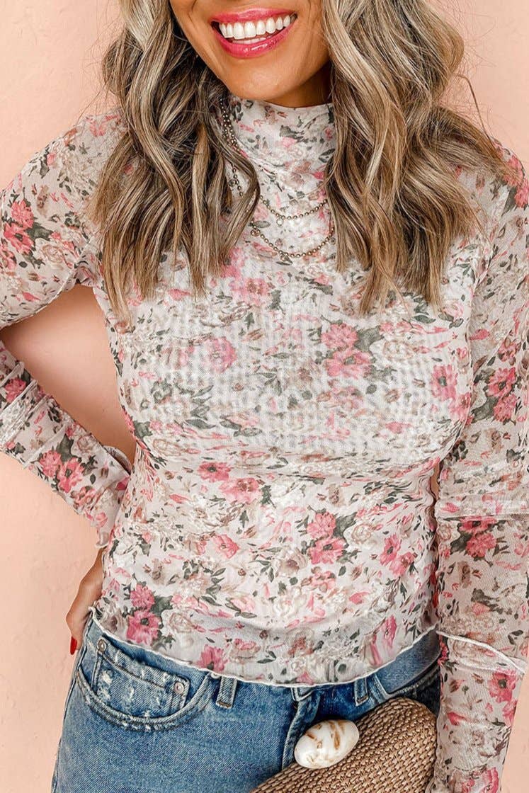 Floral Long Sleeve Mesh Blouse