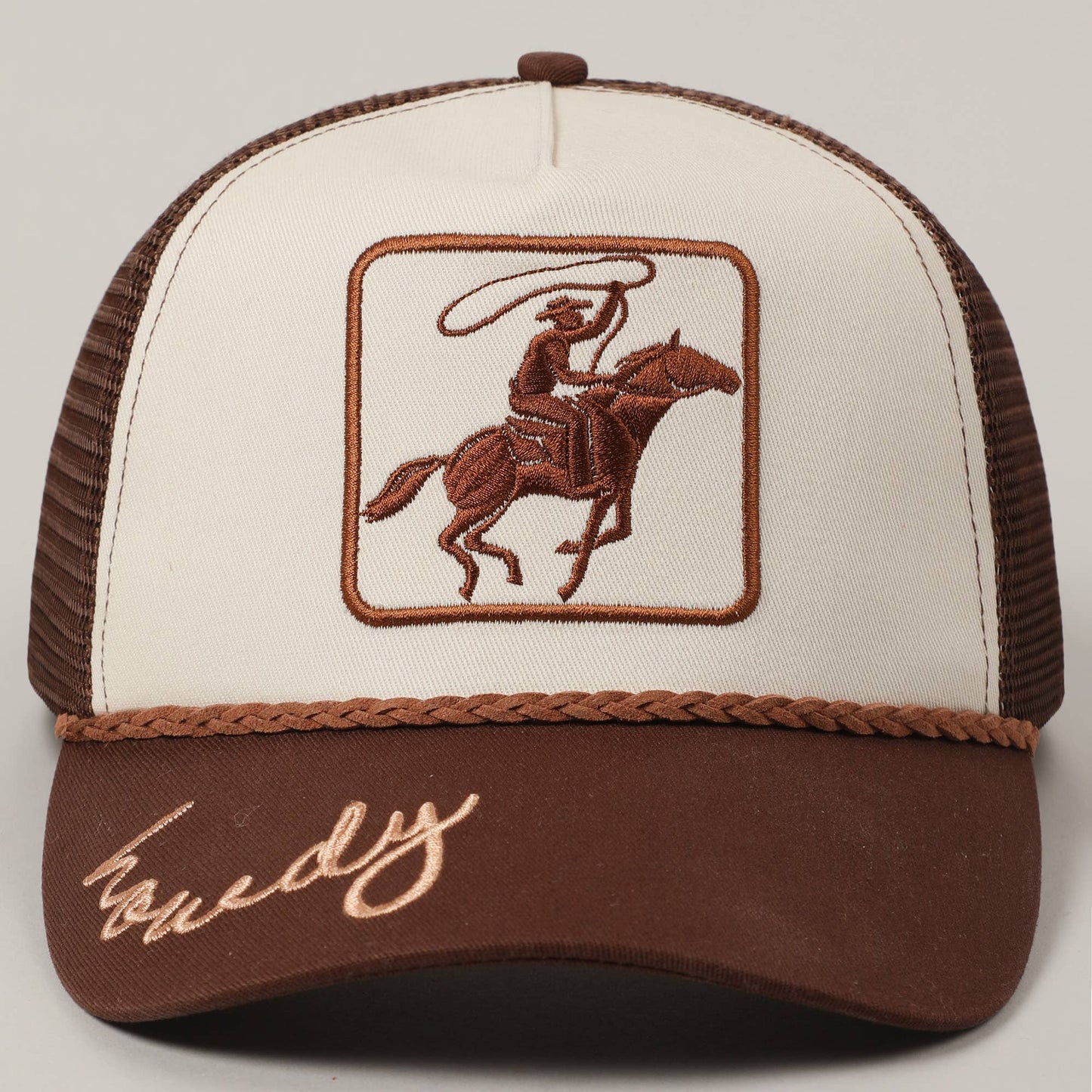 Cowboy Image Howdy Embroidery Mesh Back Cap: Brown / ONE SIZE