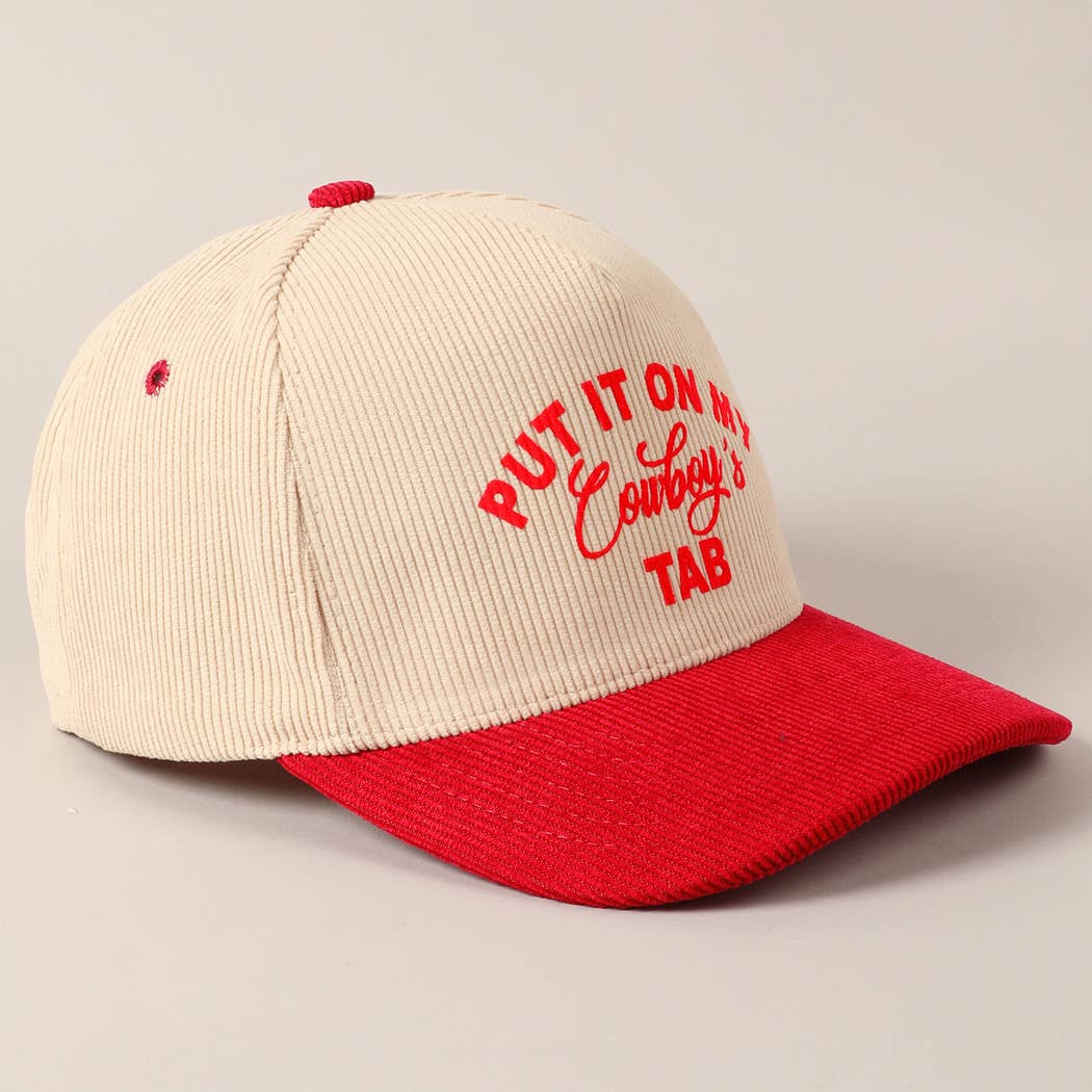 Put It On My Cowboy's Tab Two-Tone Corduroy Cap: Black/ Beige ONE SIZE