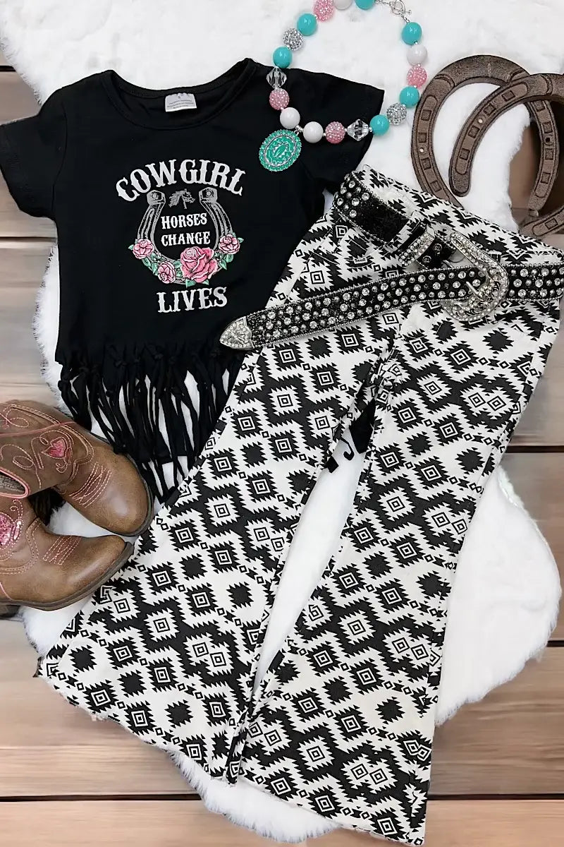 BLACK & WHITE AZTEC PRINTED BOOTCUT PANTS