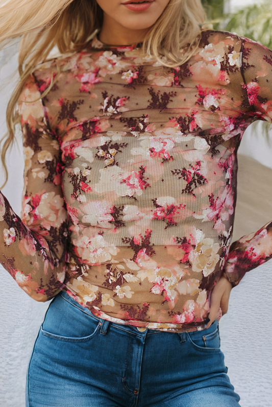 Floral Print Sheer Mesh Long Sleeve Top featuring a colorful floral design for a stylish look