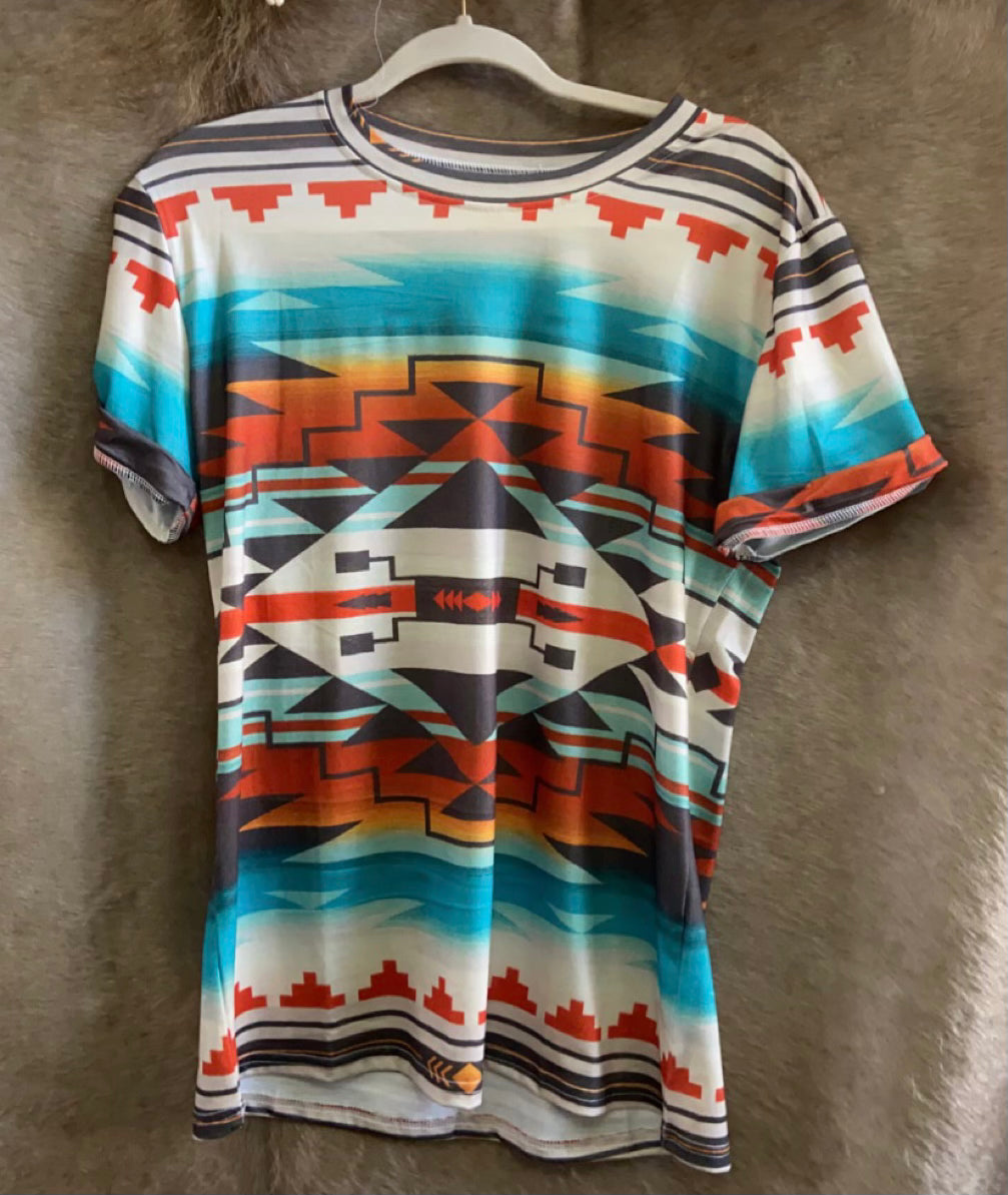 Aztec Pattern Short Sleeve Crew Neck Western Summer T-Shirts