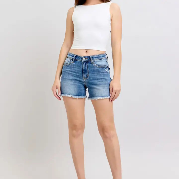 High Waist Vintage Wash Shorts with Fray Hem