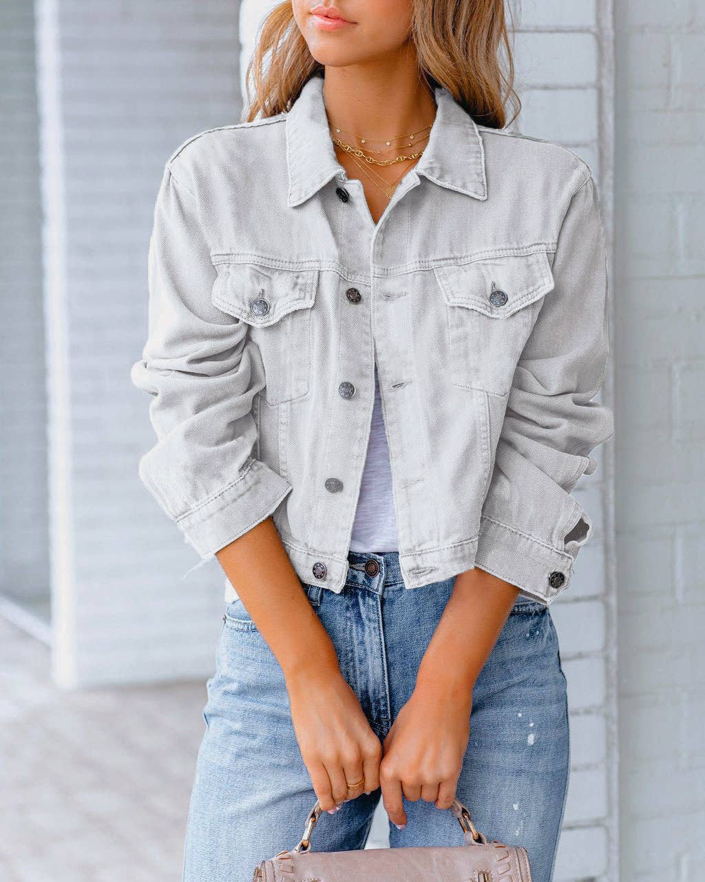 HIDDENBRAND slim fit denim jacket women in light grey with button closure and casual style
