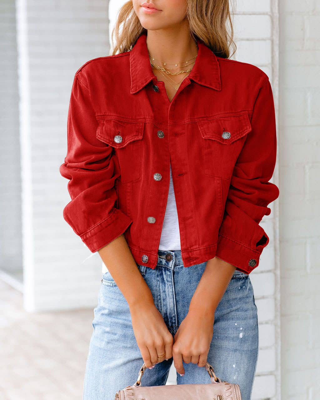 HIDDENBRAND slim fit denim jacket women in red with button down front and casual style