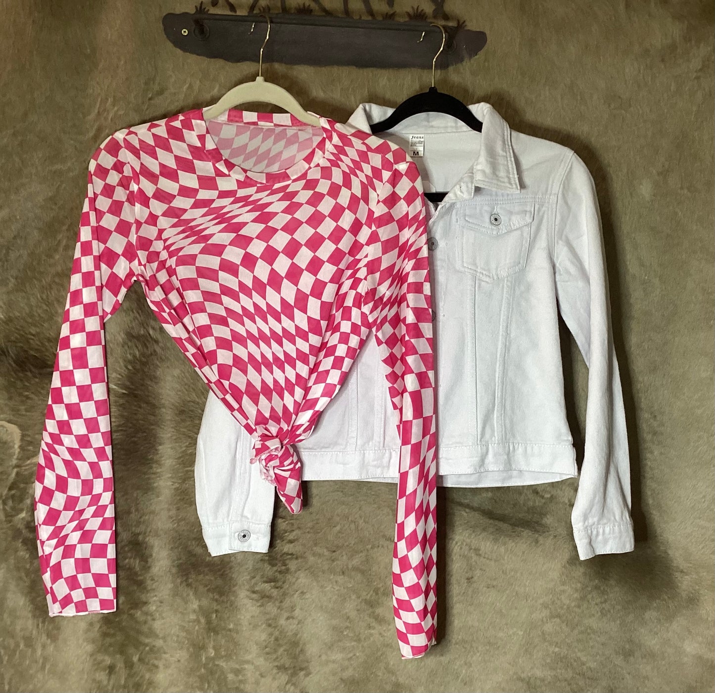 HIDDENBRAND slim fit denim jacket women in white hanging beside a stylish pink checkered shirt