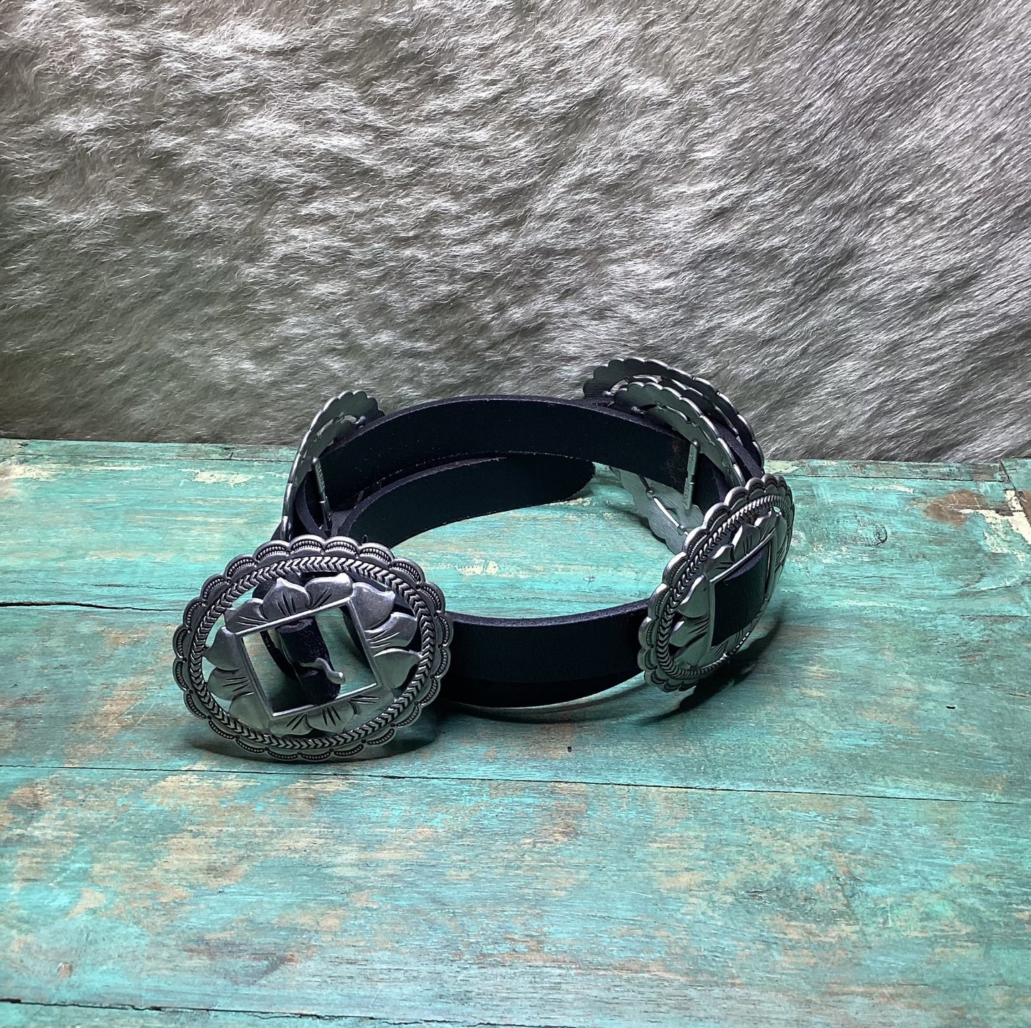 Black leather belt with silver buckle detailing for The Lainey High Rise Super Flare outfit