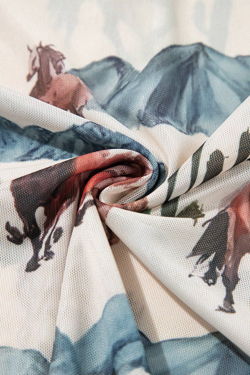PRETTY BASH Cowgirl casual mesh shirt featuring a western horse print for a stylish look