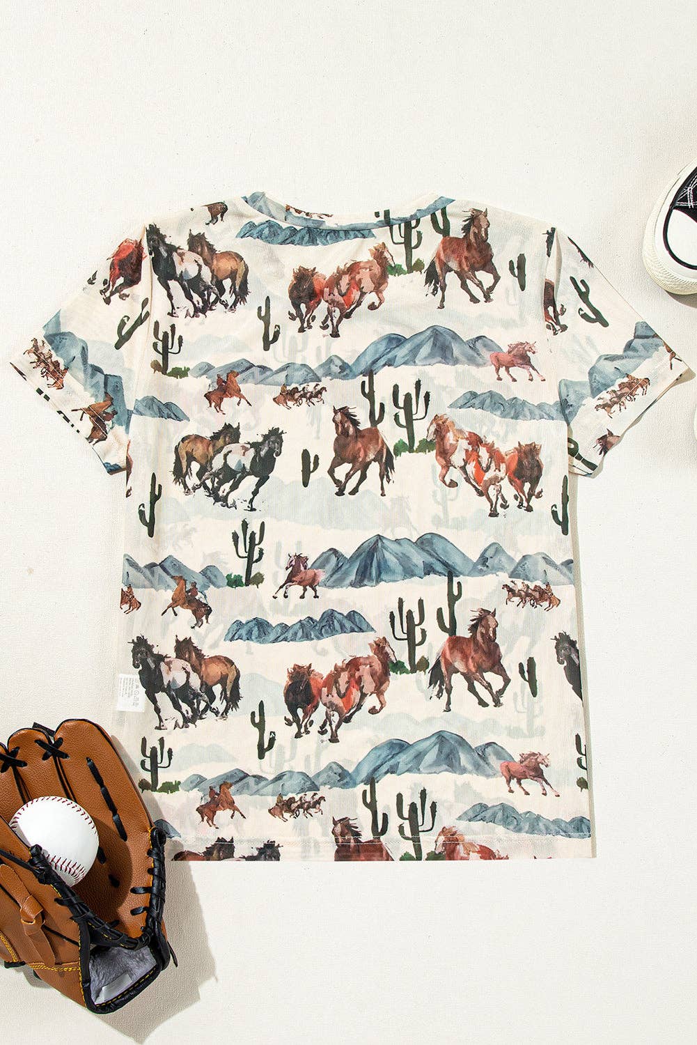 PRETTY BASH Cowgirl casual mesh shirt featuring a playful horse and cactus print for casual wear