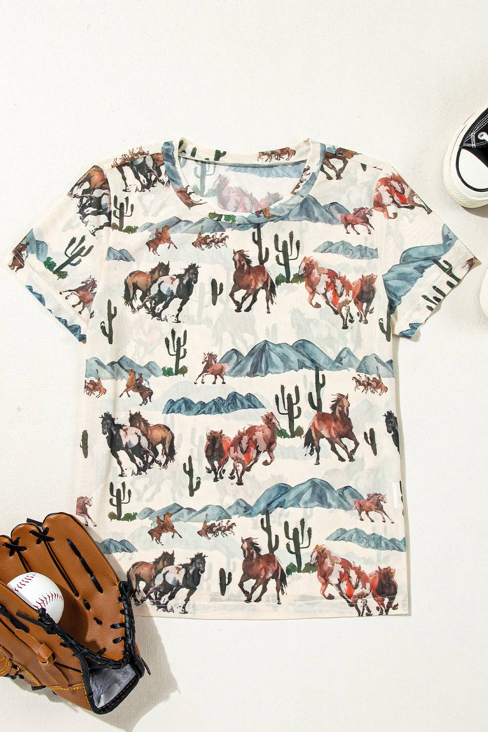 PRETTY BASH Cowgirl casual mesh shirt featuring a vibrant horse and cactus print for a stylish look