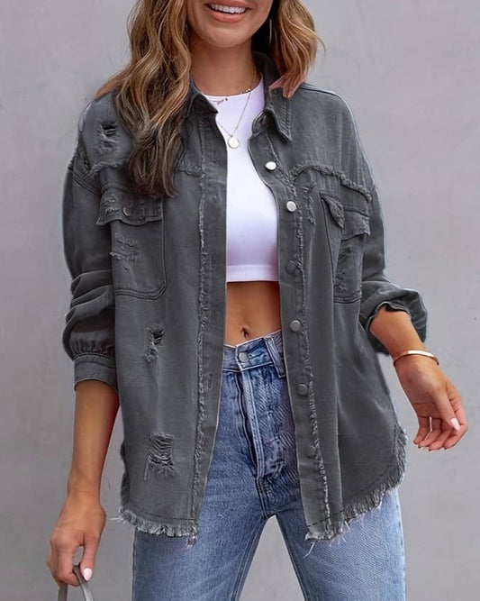 Rosa Clothing Oversized Gray Denim Jacket with Distressed Details for a Casual Look