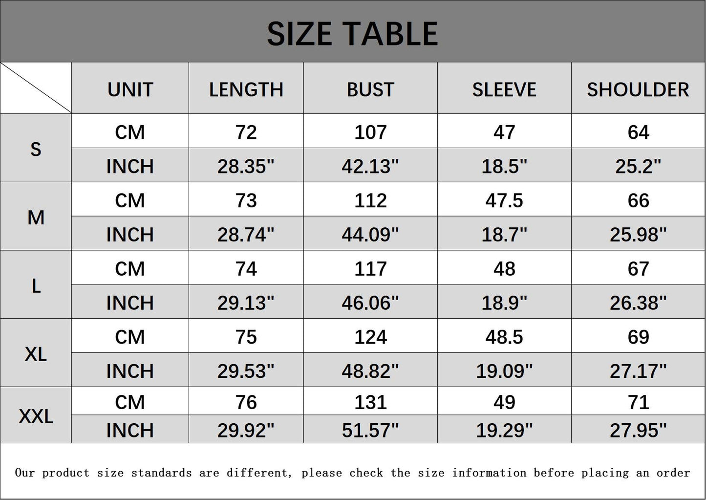 Lily Clothing Size Table with Measurements for S to XXL in Length, Bust, Sleeve, and Shoulder