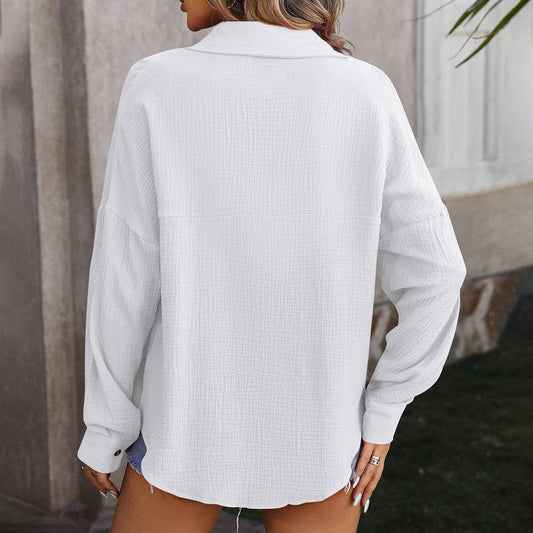 Lily Clothing White Button-Up Shirt with Relaxed Fit and Long Sleeves for Casual Wear