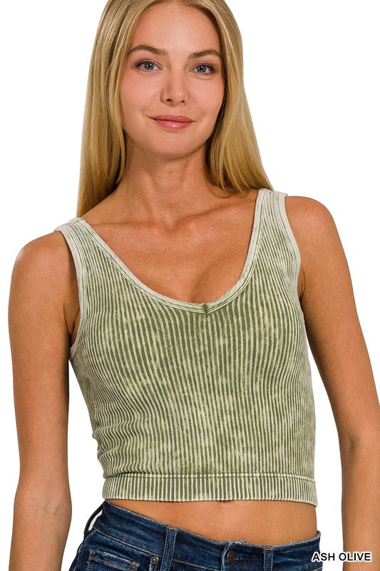 Zenana Women's ribbed tank top in ash olive color with a flattering scoop neckline
